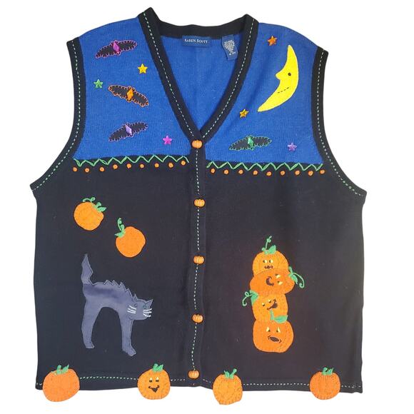 Vintage Sweaters - Halloween Jack o Lantern Sweater Vest Vintage 90s Blue Black Pumpkin Cardigan